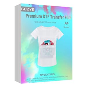 gozye premium dtf transfer film - 50 sheets a4 matte pet heat transfer paper for direct-to-film printing on t-shirts textile- size: a4 (8.3" x 11.7")