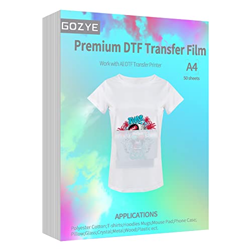 GOZYE Premium DTF Transfer Film - 50 Sheets A4 Matte PET Heat Transfer Paper for Direct-to-Film Printing on T-Shirts Textile- Size: A4 (8.3" x 11.7")