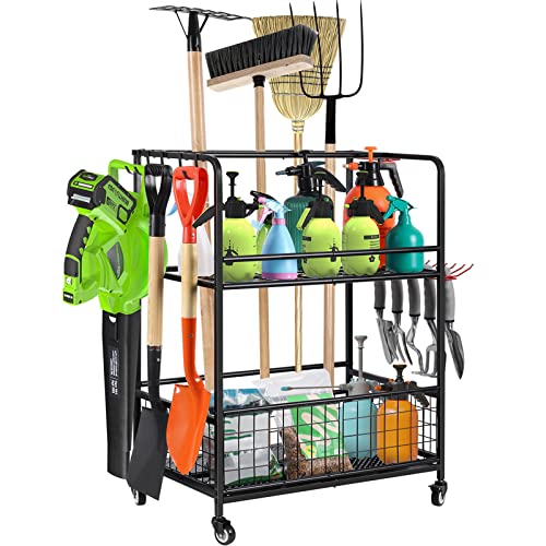 Garden Tool Organizer with Wheels, Heavy Duty Metal Tool Shelf, Garage Tool Storage Organizers, Utility Storage Rack with Hooks for Yard Garden Garage Tool Holder Yard Garden Garage Tool Holder