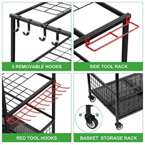 Garden Tool Organizer with Wheels, Heavy Duty Metal Tool Shelf, Garage Tool Storage Organizers, Utility Storage Rack with Hooks for Yard Garden Garage Tool Holder Yard Garden Garage Tool Holder