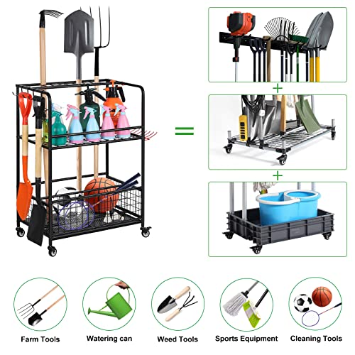 Garden Tool Organizer with Wheels, Heavy Duty Metal Tool Shelf, Garage Tool Storage Organizers, Utility Storage Rack with Hooks for Yard Garden Garage Tool Holder Yard Garden Garage Tool Holder