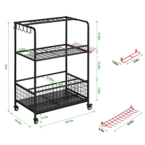 Garden Tool Organizer with Wheels, Heavy Duty Metal Tool Shelf, Garage Tool Storage Organizers, Utility Storage Rack with Hooks for Yard Garden Garage Tool Holder Yard Garden Garage Tool Holder