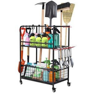 Garden Tool Organizer with Wheels, Heavy Duty Metal Tool Shelf, Garage Tool Storage Organizers, Utility Storage Rack with Hooks for Yard Garden Garage Tool Holder Yard Garden Garage Tool Holder