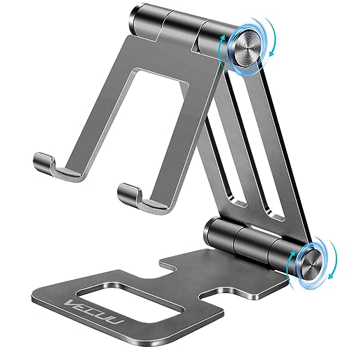 VECUU Universal Phone Stand Dual Folding, Aluminum Desktop Stand with Adjustable View Angle, Foldable Phone Holder Cradle Dock, Smartphone Stand Compatible with All Phones, Nintendo Switch (Grey)