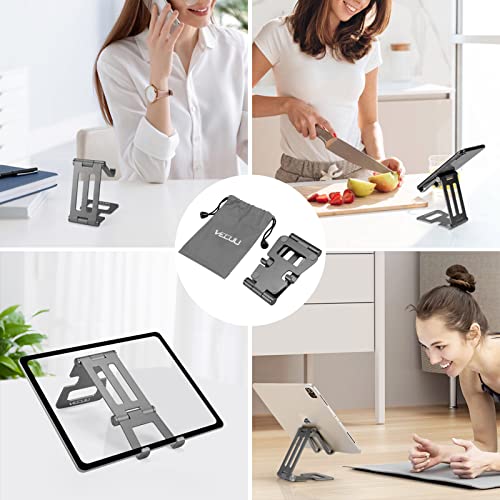 VECUU Universal Phone Stand Dual Folding, Aluminum Desktop Stand with Adjustable View Angle, Foldable Phone Holder Cradle Dock, Smartphone Stand Compatible with All Phones, Nintendo Switch (Grey)