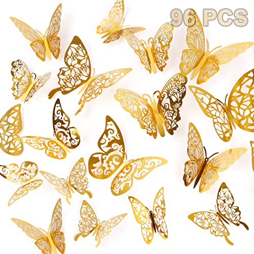 3D Butterfly Wall Decor 96 Pcs 5 Styles 3 Sizes, Tinabless Gold Butterfly Decorations Butterfly Birthday Decorations Butterfly Party Decorations Cake Decorations, Gold Room Decor for Kids Nursery Classroom Wedding Decor (Gold)