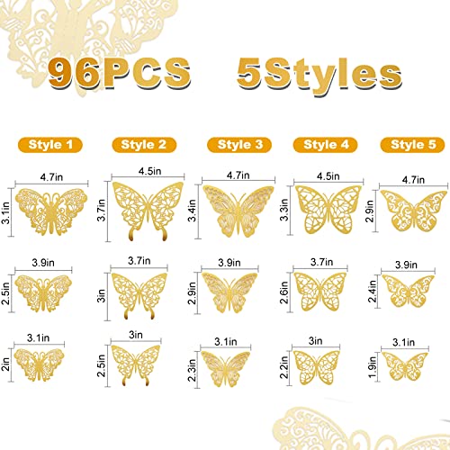 3D Butterfly Wall Decor 96 Pcs 5 Styles 3 Sizes, Tinabless Gold Butterfly Decorations Butterfly Birthday Decorations Butterfly Party Decorations Cake Decorations, Gold Room Decor for Kids Nursery Classroom Wedding Decor (Gold)