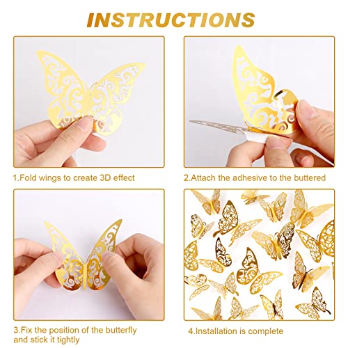 3D Butterfly Wall Decor 96 Pcs 5 Styles 3 Sizes, Tinabless Gold Butterfly Decorations Butterfly Birthday Decorations Butterfly Party Decorations Cake Decorations, Gold Room Decor for Kids Nursery Classroom Wedding Decor (Gold)