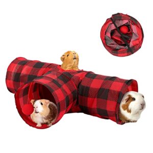 YUEPET Guinea Pig Tunnel and Tube Collapsible 3 Way Guinea Pig Hideout with Plaid Classic Style, Small Animal Tunnel for Guinea Pig Ferret Hamster Chinchilla