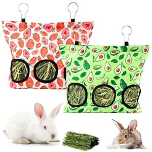 2 pieces rabbit hay feeder bag, guinea pig hay feeder storage bunny hay bag hanging feeder bag for rabbits with 3 holes large capacity for small animal (strawberry+avocado)