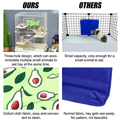 2 Pieces Rabbit Hay Feeder Bag, Guinea Pig Hay Feeder Storage Bunny Hay Bag Hanging Feeder Bag for Rabbits with 3 Holes Large Capacity for Small Animal (Strawberry+Avocado)