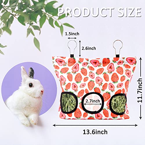 2 Pieces Rabbit Hay Feeder Bag, Guinea Pig Hay Feeder Storage Bunny Hay Bag Hanging Feeder Bag for Rabbits with 3 Holes Large Capacity for Small Animal (Strawberry+Avocado)