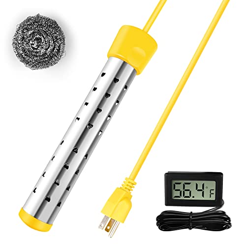 Portals Hardware Immersion Water Heater for Boiling Bath Water,Portable Electric 304 Stainless with Guard Cover -LCD Thermometer MotorhomeTub,Boiling 5 Gallon Bucket of in Minutes (Yellow)