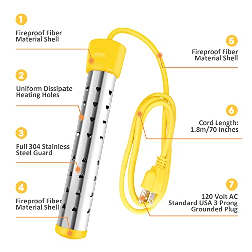 Portals Hardware Immersion Water Heater for Boiling Bath Water,Portable Electric 304 Stainless with Guard Cover -LCD Thermometer MotorhomeTub,Boiling 5 Gallon Bucket of in Minutes (Yellow)