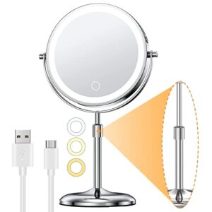 gospire lighted makeup mirror with magnification 10x, height adjustable & 3 color dimmable lights 7" cosmetic mirror, 360° swivel double sided rechargeable led vanity mirror cordless standing mirror