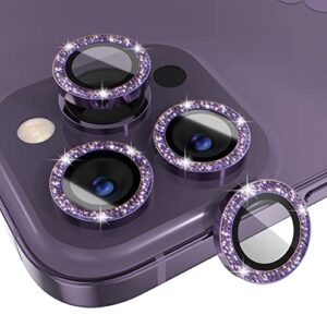 choiche [3+1] for iphone 14 pro/iphone 14 pro max camera lens protector bling, 9h tempered glass camera cover screen protector metal ring decoration accessories (glitter-purple)