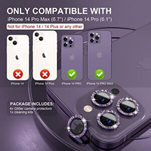 Choiche [3+1] for iPhone 14 Pro/iPhone 14 Pro Max Camera Lens Protector Bling, 9H Tempered Glass Camera Cover Screen Protector Metal Ring Decoration Accessories (Glitter-Purple)