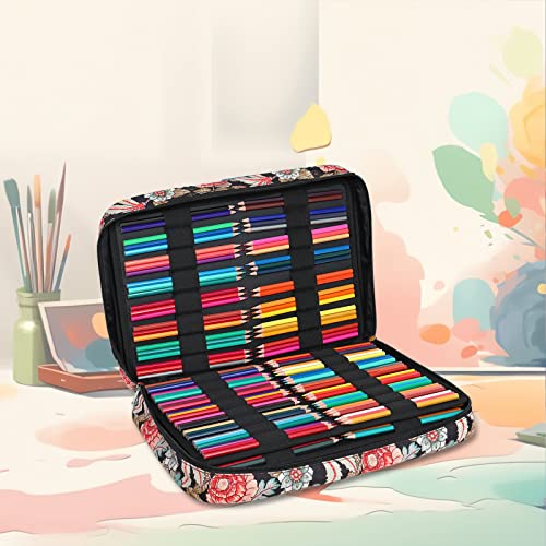 MEGREZ Portable Colored Pencil Case with Zipper, 160 Slots Large Capacity Pencil Bag Max Hold 480 PCS Pencils, Water Color Pencil Bag for Storing Sketch Pencils, Gel Pen Markers, Black Flowers