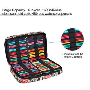 MEGREZ Portable Colored Pencil Case with Zipper, 160 Slots Large Capacity Pencil Bag Max Hold 480 PCS Pencils, Water Color Pencil Bag for Storing Sketch Pencils, Gel Pen Markers, Black Flowers