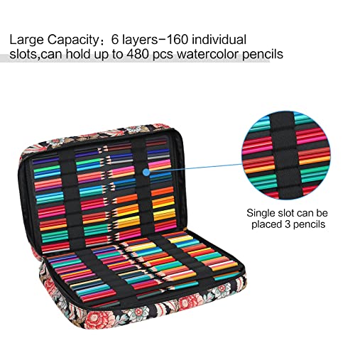 MEGREZ Portable Colored Pencil Case with Zipper, 160 Slots Large Capacity Pencil Bag Max Hold 480 PCS Pencils, Water Color Pencil Bag for Storing Sketch Pencils, Gel Pen Markers, Black Flowers