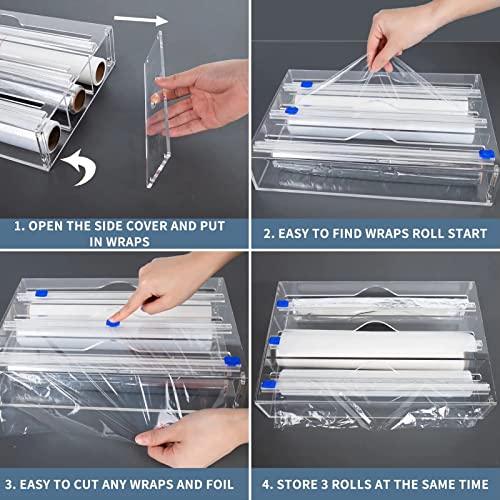 Choowin 3 in 1 Wrap Dispenser, Acrylic Plastic Wrap Dispenser Aluminum Foil Dispenser Wax Paper Dispenser with Cutter, Plastic Wrap Organizer Aluminum Foil Organizer Wax Paper Organizer, Fits 12" Roll