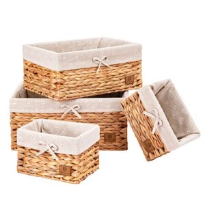 qh & garden hand-woven water hyacinth storage baskets,decorative rectangular wicker basket with detachable liner,natural seagrass woven organizer baskets for shelves (set of 4)