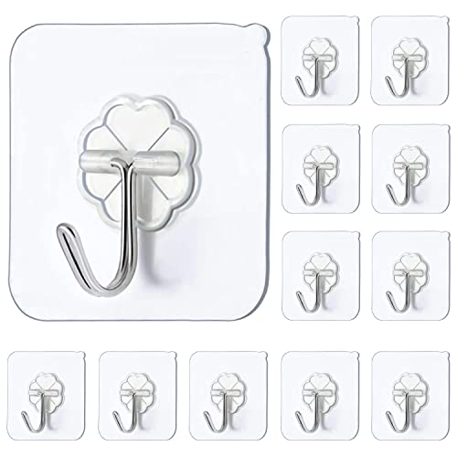 JelKen Wall Hooks, 12 Pack Heavy Duty 22lb(Max) Self Adhesive Hooks, Transparent Sticky Hooks for Kitchen Bathroom Office Closet, Hanging Coat Cloth Towel Key Decorations