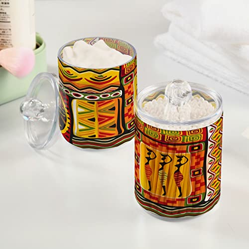 DOMIKING African Design 2 Pack Cotton Swab Holder Dispenser Plastic Jar Bathroom Storage Canister Acrylic Containers for Cotton Ball Cotton Swab Cotton Round Pads