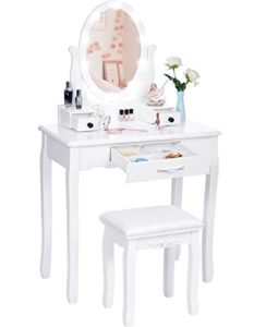 anwbroad makeup vanity desk vanity set with led lighted mirror makeup table set 10 led dimmable bulbs cushioned stool 3 drawers 3 dividers for bedroom makeup jewellery storage set white ubdt12w