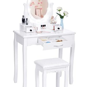 ANWBROAD Makeup Vanity Desk Vanity Set with LED Lighted Mirror Makeup Table Set 10 LED Dimmable Bulbs Cushioned Stool 3 Drawers 3 Dividers for Bedroom Makeup Jewellery Storage Set White UBDT12W