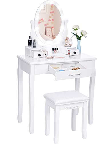 ANWBROAD Makeup Vanity Desk Vanity Set with LED Lighted Mirror Makeup Table Set 10 LED Dimmable Bulbs Cushioned Stool 3 Drawers 3 Dividers for Bedroom Makeup Jewellery Storage Set White UBDT12W