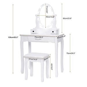 ANWBROAD Makeup Vanity Desk Vanity Set with LED Lighted Mirror Makeup Table Set 10 LED Dimmable Bulbs Cushioned Stool 3 Drawers 3 Dividers for Bedroom Makeup Jewellery Storage Set White UBDT12W