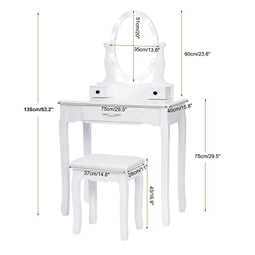 ANWBROAD Makeup Vanity Desk Vanity Set with LED Lighted Mirror Makeup Table Set 10 LED Dimmable Bulbs Cushioned Stool 3 Drawers 3 Dividers for Bedroom Makeup Jewellery Storage Set White UBDT12W