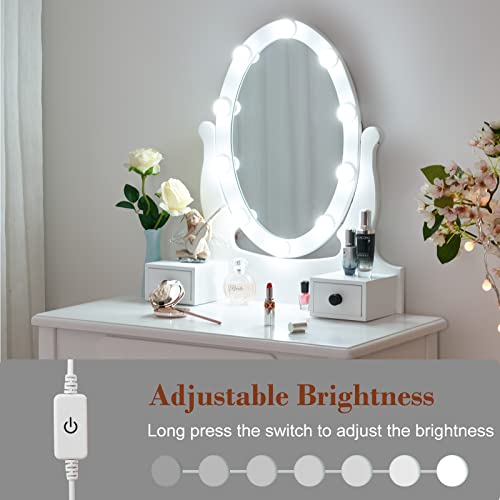 ANWBROAD Makeup Vanity Desk Vanity Set with LED Lighted Mirror Makeup Table Set 10 LED Dimmable Bulbs Cushioned Stool 3 Drawers 3 Dividers for Bedroom Makeup Jewellery Storage Set White UBDT12W