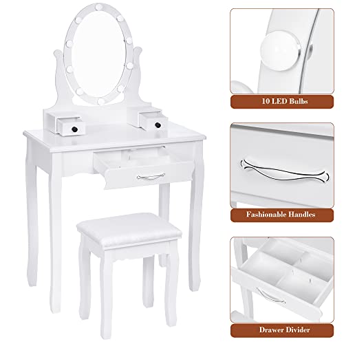 ANWBROAD Makeup Vanity Desk Vanity Set with LED Lighted Mirror Makeup Table Set 10 LED Dimmable Bulbs Cushioned Stool 3 Drawers 3 Dividers for Bedroom Makeup Jewellery Storage Set White UBDT12W