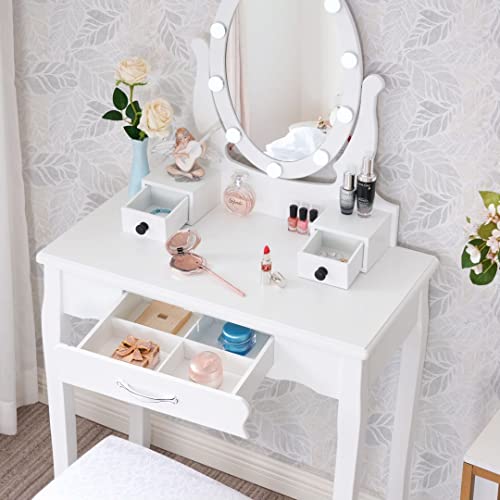 ANWBROAD Makeup Vanity Desk Vanity Set with LED Lighted Mirror Makeup Table Set 10 LED Dimmable Bulbs Cushioned Stool 3 Drawers 3 Dividers for Bedroom Makeup Jewellery Storage Set White UBDT12W