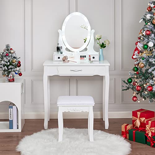 ANWBROAD Makeup Vanity Desk Vanity Set with LED Lighted Mirror Makeup Table Set 10 LED Dimmable Bulbs Cushioned Stool 3 Drawers 3 Dividers for Bedroom Makeup Jewellery Storage Set White UBDT12W