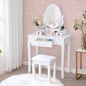 ANWBROAD Makeup Vanity Desk Vanity Set with LED Lighted Mirror Makeup Table Set 10 LED Dimmable Bulbs Cushioned Stool 3 Drawers 3 Dividers for Bedroom Makeup Jewellery Storage Set White UBDT12W