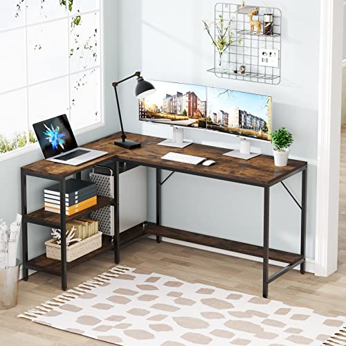 Tribesigns L Shaped Desk with Storage Shelves, Reversible Computer Desk Gaming Desk for Home Office Workstation, Rustic Brown