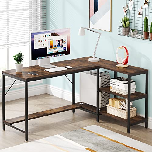 Tribesigns L Shaped Desk with Storage Shelves, Reversible Computer Desk Gaming Desk for Home Office Workstation, Rustic Brown