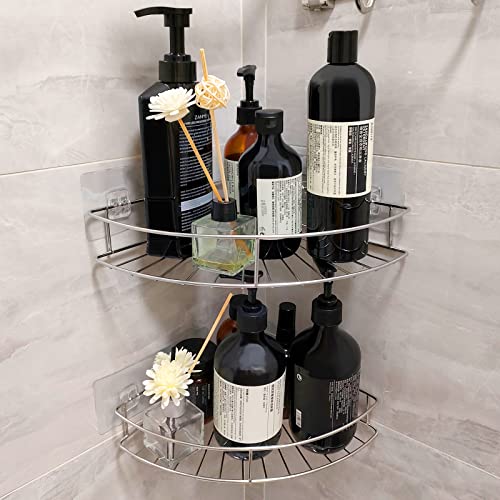 Dehyber 2-Pack Adhesive Corner Shower Caddy with 2 Hooks,No Drilling Rustproof Stainless Steel Wall Mounted Shelf for Bathroom Kitchen Storage Organizer,Chrome