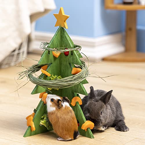 Guinea Pig Toys, Christmas Tree Foraging Puzzle Toy Treat Feeder for Bunny Hamster Rabbits Wooden Enrichment Vegetable Rack Mental Stimulation Interactive Toy Xmas Gift Habitat Decor for Small Pets