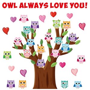 111pcs valentine's day classroom tree heart owls bulletin board cut 0ut classroom decoration, colorful owls name tags tree leaves heart bulletin board for teacher student back to school party supplies