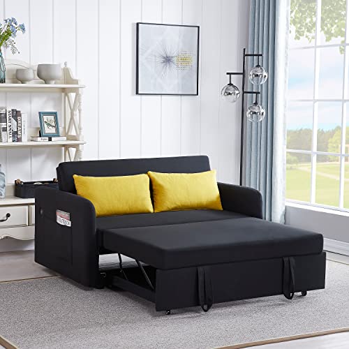 LyuHome Convertible Sofa Bed, Pull Out Sleeper Sofa Bed Couch with USB Socket, Loveseat Sleeper Sofa with Adjustable Backrest, 2 Pillows and Arm Pockets for Living Room (Black)