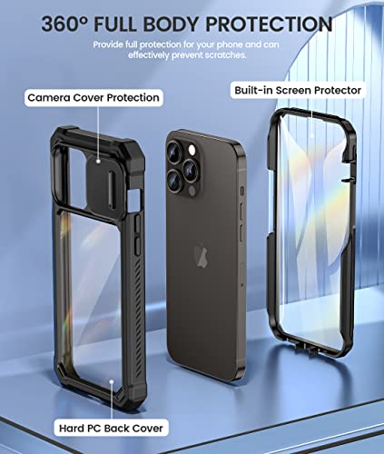 Caka for iPhone 14 Pro Max Case, iPhone 14 Pro Max Case with Slide Camera Cover & Built-in Screen Protector Heavy Duty Shockproof Phone Case Cover for iPhone 14 Pro Max 6.7 inch, Black