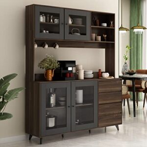 DiDuGo Kitchen Hutch Storage Cabinet with Glass Doors, Pantry with 4 Drawers & Shelves, Hanging Hooks, Metal Legs, for Hallway Deep Walnut (62.9”W x 15.7”D x 74.8”H)