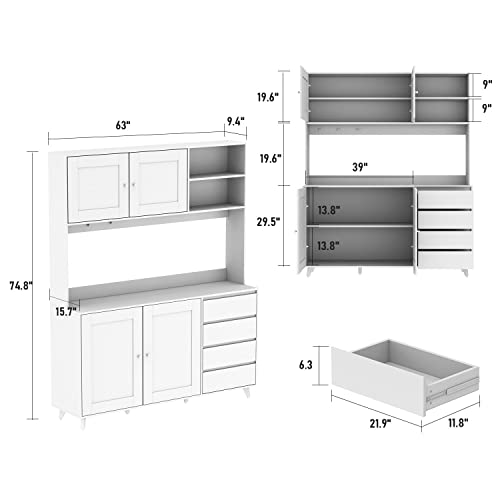 DiDuGo Kitchen Hutch Storage Cabinet with Glass Doors, Pantry with 4 Drawers & Shelves, Hanging Hooks, Metal Legs, for Hallway Deep Walnut (62.9”W x 15.7”D x 74.8”H)
