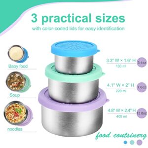 KEFULDA Stainless Steel Containers with Lids Set of 3 (13oz/7oz/3oz) Eco-Friendly, Reusable and Leakproof Stainless Steel Snack Containers for Kids Easy to Open