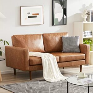 kingfun 65" faux leather loveseat sofas for living room, small couches for small spaces bedroom with solid wooden frame and padded cushion, mid century modern decor love seats furniture (brown)