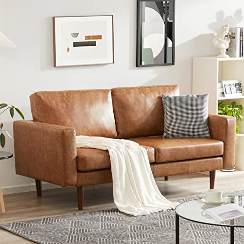 Kingfun 65" Faux Leather Loveseat Sofas for Living Room, Small Couches for Small Spaces Bedroom with Solid Wooden Frame and Padded Cushion, Mid Century Modern Decor Love Seats Furniture (Brown)